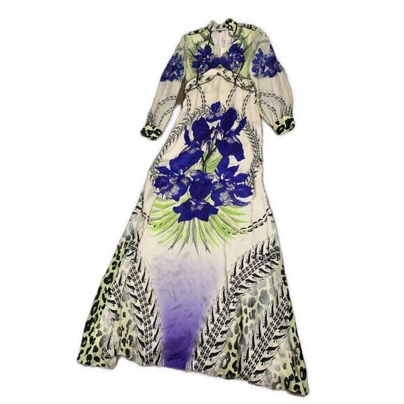 Balizza New Silk Designer Blue White Black Floral Beaded Long Sleeve Maxi Dress - Picture 1 of 8